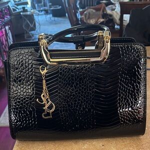 Danbury Mint Black Faux Patent Croc-Embossed Satchel with Gold Accents